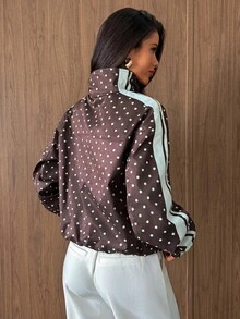 Aloruh Women's French Stripe & Polka Dot High Neck Zip-Up Jacket,Autumn,Winter - Brown - View 2