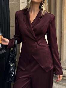 Aloruh Setelan Kerja Wanita Elegan, Warna Burgundy, 2 Potongan, Blazer Lengan Panjang dan Celana Panjang Warna Polos untuk Musim Gugur/Dingin - Burgundy - View 8