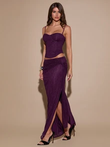 SHEIN BAE ملابس علوية كامي دانتيل بتصميم كورسيه وتنورة مجعدة للموعد والحفلة - الأرجواني - مشاهدة 5