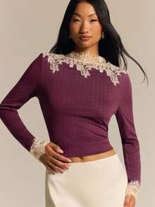 COSMINA Women's Long Sleeve Top Lace Patchwork Contrast Color Design Purple Top For Autumn/Winter - Multicolor - View 6