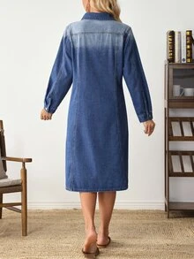 Selenza Plus Size Women's Long Sleeve Single-Breasted Casual Denim Dress - Blue - View 2