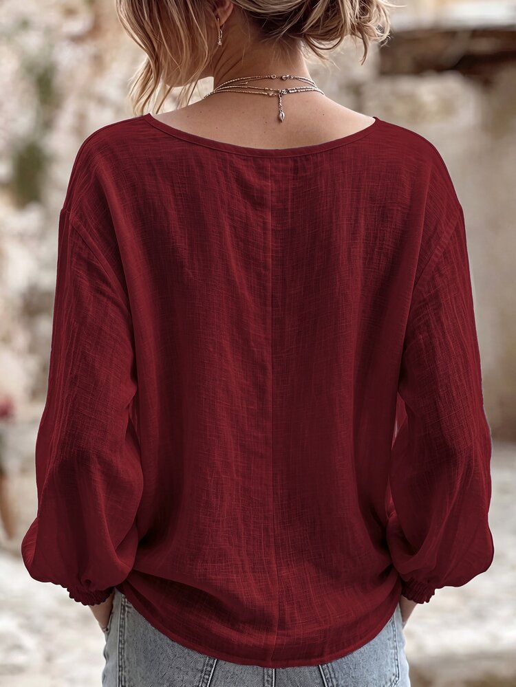 Linhara CURVE Plus Size Women's Woven Casual Fall Blouse Jacket - Burgundy - View 2