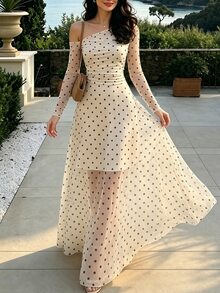 SHEIN PariChic Women's Fashion Polka Dot Asymmetrical Shoulder Mesh Long Sleeve Ruched Waist Flared Slimming Long Dress, Suitable For Party, Date, Dinner, Vacation - Apricot - View 5
