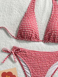Swim Basics 女款紋理格紋掛脖綁帶性感比基尼兩件式泳衣套裝 - 紅色 - 查看 7