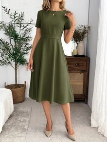 EMERY ROSE 女款優雅通勤收腰純色洋裝 秋季女裝休閒洋裝 棕色優雅女裙 - 軍綠色 - 查看 5