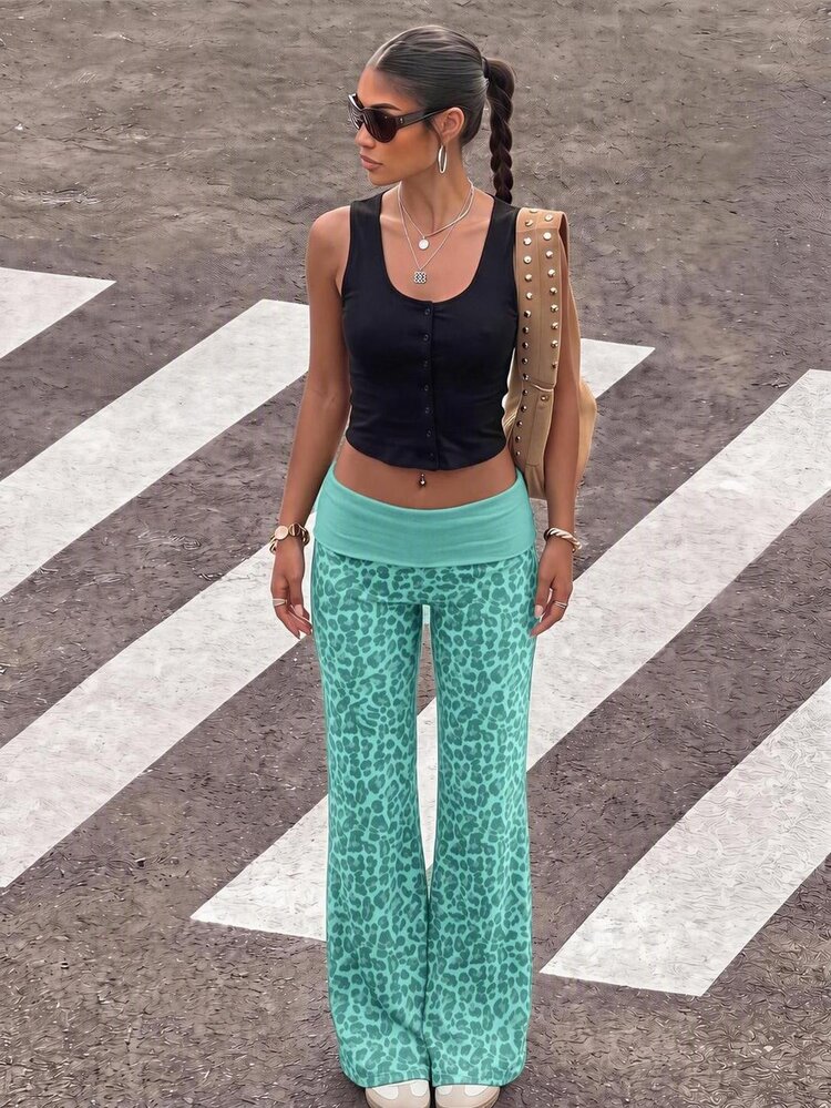 Muchica Women's Autumn Vintage Green Leopard Print Patchwork Contrast Color Casual Versatile Long Pants, Suitable For Daily Commute, Party, Autumn/Winter/Spring/Summer, Christmas, New Year, Thanksgiving, Wedding, Beach, Graduation Ceremony, Elegant, Outing, Date, Commute, Valentine's Day, Vacation, Y2K, Graduation Ceremony And Other Occasions. - Multicolor - View 4