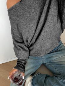 Sunnyshic Plus Size Sexy Off-Shoulder Solid Color Knit Sweater Fall - Dark Grey - View 7