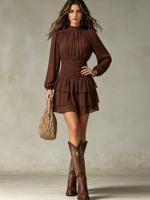 SHEIN PariChic Women's Solid Color Pleated Casual Daily Summer Short Dress - Coffee - View 3
