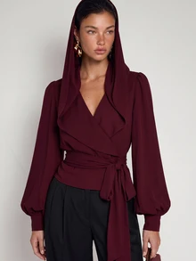 COSMINA Women's Hooded Wrap Balloon Sleeve Long Sleeve Blouse Top - Burgundy - View 6