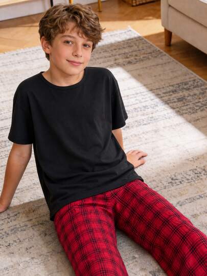 Boys' Long Sleeve Top And Long Pants Pajama Set, Relaxed Fit, Minimalist Solid Black And Classic Red & Black Plaid Print, Comfortable Fashionable Homewear Outfit