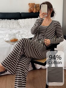 Napfluff Women's Cotton Striped Sexy Pajama Set, Camisole Casual Loungewear 3 Pieces Set - Chocolate Brown - View 4