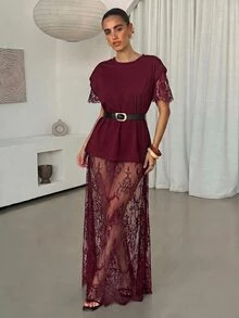 Lavishia 女款圓領短袖透視蕾絲洋裝，蕾絲刺繡透視拍照套裝，黑色花卉，日常優雅派對夜店女裝 - 酒紅色 - 查看 3