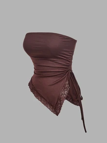 SHEIN MOD 2pcs Women's Solid Color Ruched Side Drawstring Lace Hem Tube Top - Brown - View 10