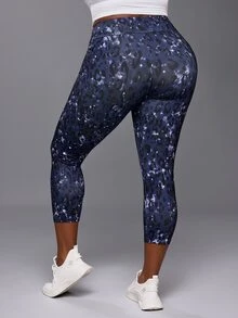 Voyena Plus Size Women's Blue Leopard Print Leggings, 7/8 Length Home & Sports Leggings - Blue - View 2