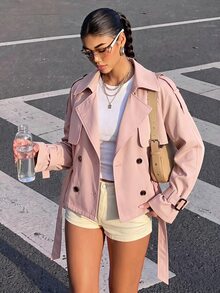 SHEIN Girlism 少女秋季寬鬆休閒極簡舒適收腰優雅短版時尚冬季外套，適合日常優雅通勤穿搭 - 粉色 - 查看 7
