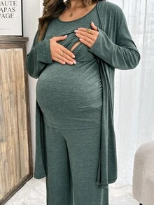 Slowluna Conjunto de maternidad de unicolor con top sin mangas, pantalones y chaqueta para lactancia, otoño - Verde - Ver 4