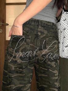 Hapijoa Teen Girl Casual Camouflage Straight Leg Long Pants With Rhinestone Decor Cool Autumn/Winter Denim Jeans - Army Green - View 5