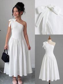 SHEIN Vestidos para niñas preadolescentes, rosa empolvado, elegante de verano, rosa casual de moda, versátil para uso diario, adecuado para ceremonias, fiestas, lazo de doble cara para niños - Blanco - Ver 3