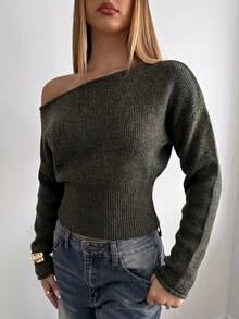 Aloruh 女款淺米色不對稱肩領短版針織套頭毛衣，休閒秋冬款，老錢風優雅約會早午餐外出上衣 - 軍綠色 - 查看 8