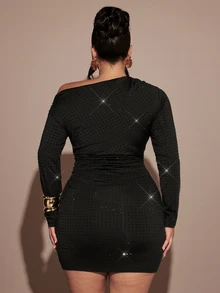 SHEIN BAE CURVE Plus Size Women Black Asymmetrical Shoulder Rhinestone Long Sleeve Dress - Black - View 3