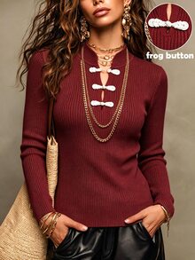 SHEIN New Chinese Style Stand Collar Ribbed Knit Top With Traditional Frog Buttons - Burgundy - View 5
