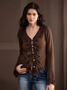 Anewsta Women's Brown Thin Comfortable Versatile Knit Cardigan Top For Vacation And Outings - Coffee Brown - View 4