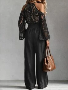 EMERY ROSE Jumpsuit Kasual Wanita dengan Motif Patchwork Renda untuk Pemakaian Sehari-hari - Hitam - View 2