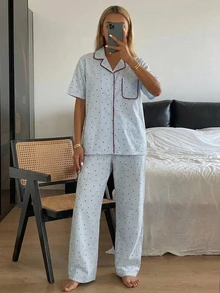 DAZY 2pcs/Set Women's Polka Dot All-Over Print Short Sleeve Cardigan Top & Straight Leg Long Pajama Pants Sleepwear Set - Blue - View 9