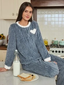 Doze Lane Five-Point Star Embroidered Contrast Color Autumn/Winter Plush Long Sleeve Long Pants Pajama Set - Dusty Blue - View 6