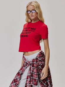 MUSERA تي شيرت أطفال بطبعة شعار رسومي، ياقة دائرية، أكمام قصيرة، لطيف للاستخدام اليومي، بطراز عتيق Y2K، للعودة إلى المدرسة الابتدائية - الأحمر - مشاهدة 4