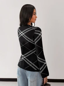 Glamine Women's Striped Long Sleeve Single-Breasted Casual Knit Cardigan - Black and White - View 4
