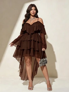 Viva Relle Plus Size Women Solid Color Cold Shoulder Bell Sleeve Multi-Layer Ruffle High-Low Hem Elegant Dress Fall - Brown - View 4