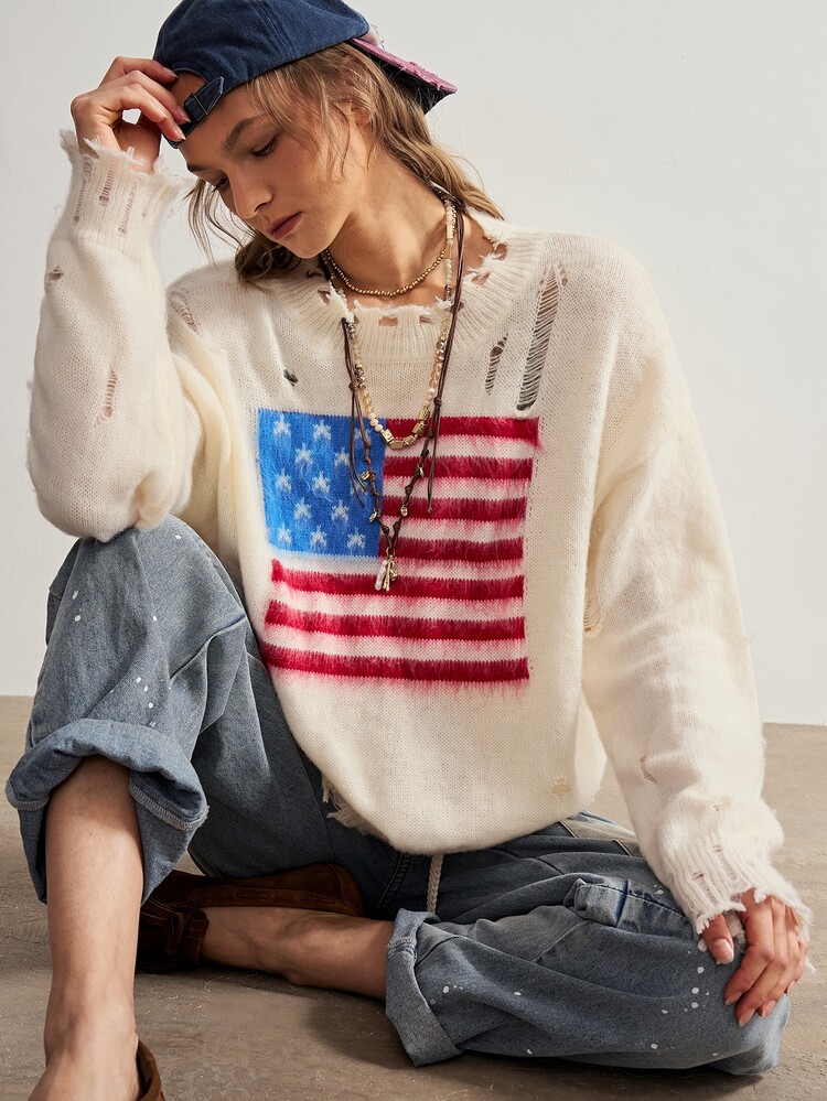 Bohemela Women's Fashion Distressed Jacquard Sweater For Holiday Vacation - Beige - View 7