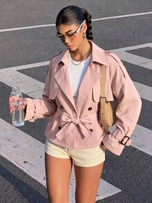 SHEIN Girlism 少女秋季寬鬆休閒極簡舒適收腰優雅短版時尚冬季外套，適合日常優雅通勤穿搭 - 粉色 - 查看 5