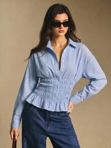 Poéselle 女款秋冬新款棉混紡藍白條紋抓皺腰上衣，休閒街頭、通勤辦公、校園風上衣 - 藍色 - 查看 5