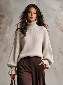 Solivie Women's Autumn/Winter High Neck Long Sleeve Sweater Top, Apricot Color - Apricot - View 6