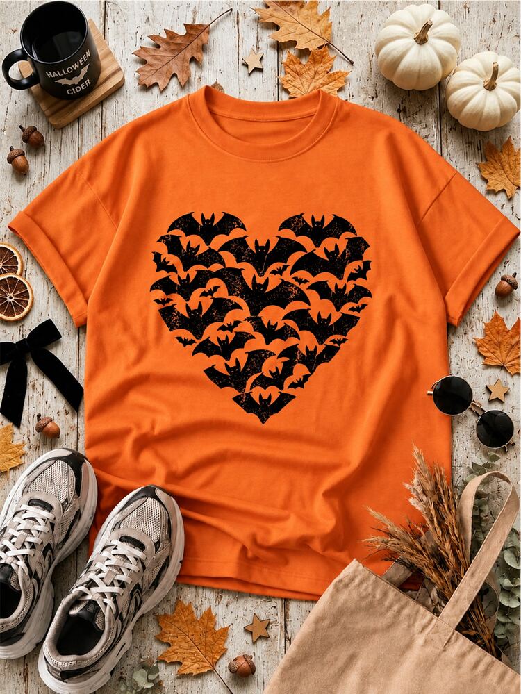 Manfinity Homme 1pc Unisex Halloween Bat Heart Graphic T-Shirt, Orange Crew Neck Short Sleeve Casual Top For Adults, Parties, Daily Wear & Fall Outings - Orange - View 2