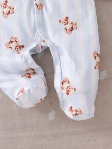 Newborn Soft Comfortable Warm Gray-Blue Vertical Stripe Bear Pattern Printed Fabric Front Button Long Sleeve Footed Romper Hat & Mittens 3-Piece Set - Blue - View 4