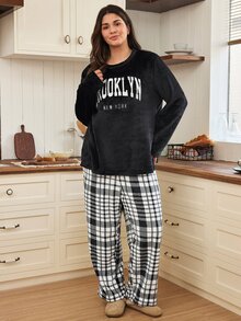 Doze Lane Casual Plush Plaid Print Letter Embroidered Plus Size Long Pajama Set - Black - View 6