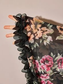 Slumberist Women's Mesh Printed Realistic Floral Bell Sleeve Deep V-Neck 3D Lace Trim Flared Top And Pants Pajama Set - Multicolor - View 7