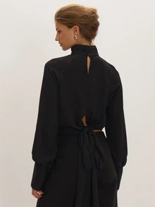 MUSEYN Black Chiffon Key Hole Detail Tie Long Sleeve Top Versatile Everyday Date Night Chic New Season Fall - Black - View 4