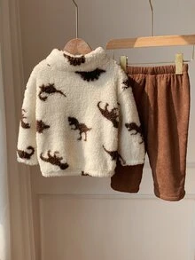 SHEIN 男女嬰幼兒 2件組 秋冬加厚抓絨可愛恐龍圖案立領毛絨衛衣與燈芯絨長褲套裝，嬰兒冬季運動服 - 棕色 - 查看 2