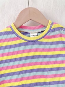 SHEIN 新生兒條紋長袖上衣與長褲休閒日常套裝 - 彩色 - 查看 4