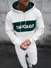 Manfinity CasualCool Men's Hooded Sweatshirt Set, Double-Layer Hood With Contrast Color Design, Contrast Color Piping Trim Craftsmanship, Top With Patchwork Print, Hooded Sweatshirt With Pockets And Drawstring, Paired With Elastic Waist Sweatpants, Pants With Contrast Color Piping Design On Side Seams, Pockets And Drawstring, Loose Fit, Autumn/Winter Men's Hooded Sweatshirt Set - White - View 7