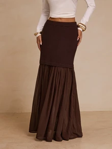 Glamine Women's French Style Ribbed Chiffon Pleated Knit Skirt - Coffee Brown - View 5