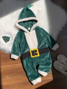 SHEIN 中性新生兒嬰兒男/女童、幼兒秋冬可愛毛絨聖誕老人連身衣、嬰兒冬季連身褲、聖誕老人套裝、聖誕節 - 綠色 - 查看 3