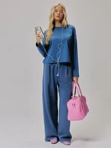 MUSERA Elasticated Waist Pleated Style Loose Fit Straight Leg Jogger Cute Daily Vintage Y2K Back To School Primary - Baby Blue - View 5