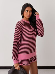 Glamine Autumn/Winter Fashion Striped Crew Neck Long Sleeve Shorts 2 Pieces Set - Multicolor - View 3