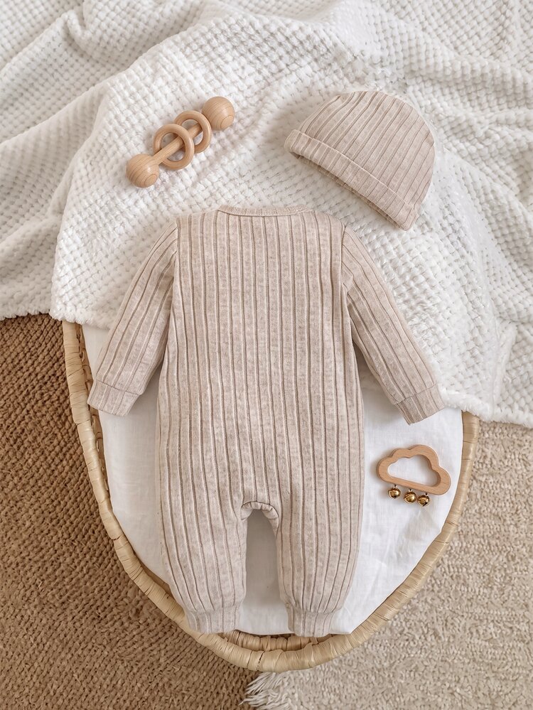 Newborn Baby Striped Cartoon Pattern Casual Daily Pajama One-Piece Long Pants - Apricot - View 2