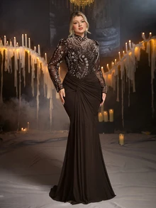 Glamrae Plus Size Women's Patchwork Sequin Mesh Ruffle Mermaid Hem Elegant Formal Evening Gown (Heavy Embellished) - Coffee Brown - View 7